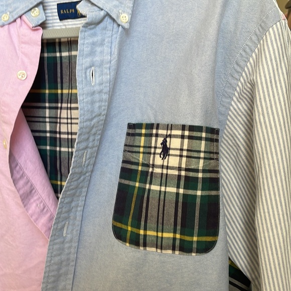 Vintage Ralph Lauren Men's Pink and Blue Patchwork Shirt - Picture 3 of 5